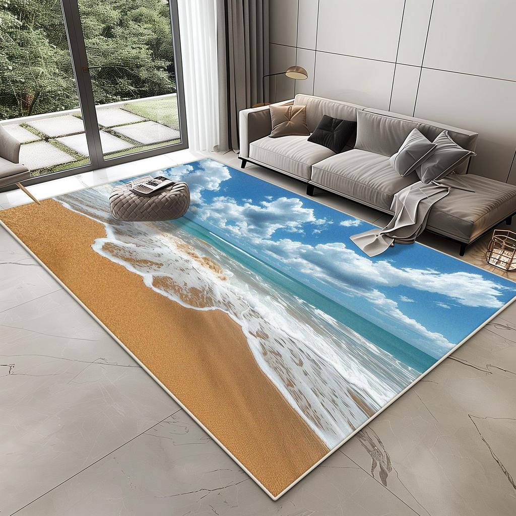 3D Vision Seaside Design Carpet for Living Room Home Decoration Modern Bedroom Rug Lounge Non-slip Washable Plush Floor Mat Soft
