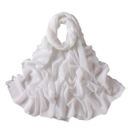 yangyizhi Washable Shawl, Ethnic Style Chiffon Texture Head Wrap with Faux Pearl Chain, Breathable All-Season Drape Headscarf for Daily Wear