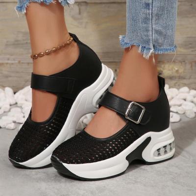 Fashion Breathable Hollow Out Casual Shoes Women 2025 Autumn Thick Bottom High Heel Mary Jane Shoes Thick Bottom Buckle Strap Sneakers