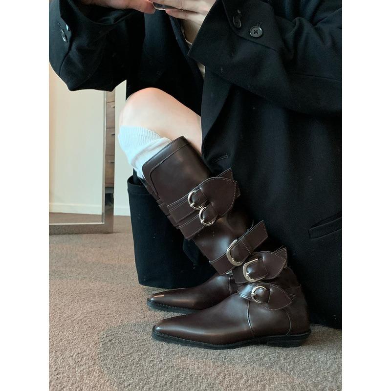 Cowhide version~ long boots femininity pointed V-mouth thin boots belt buckle but knee high thick heel knight boots