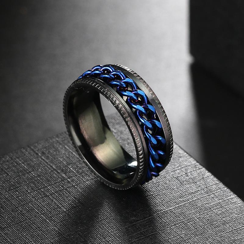Anxiety Fidget Ring For Men Punk Titanium Stainless Steel Black Blue Spinning Spinner Rotatable Chain Rotating Rings Homme Gift