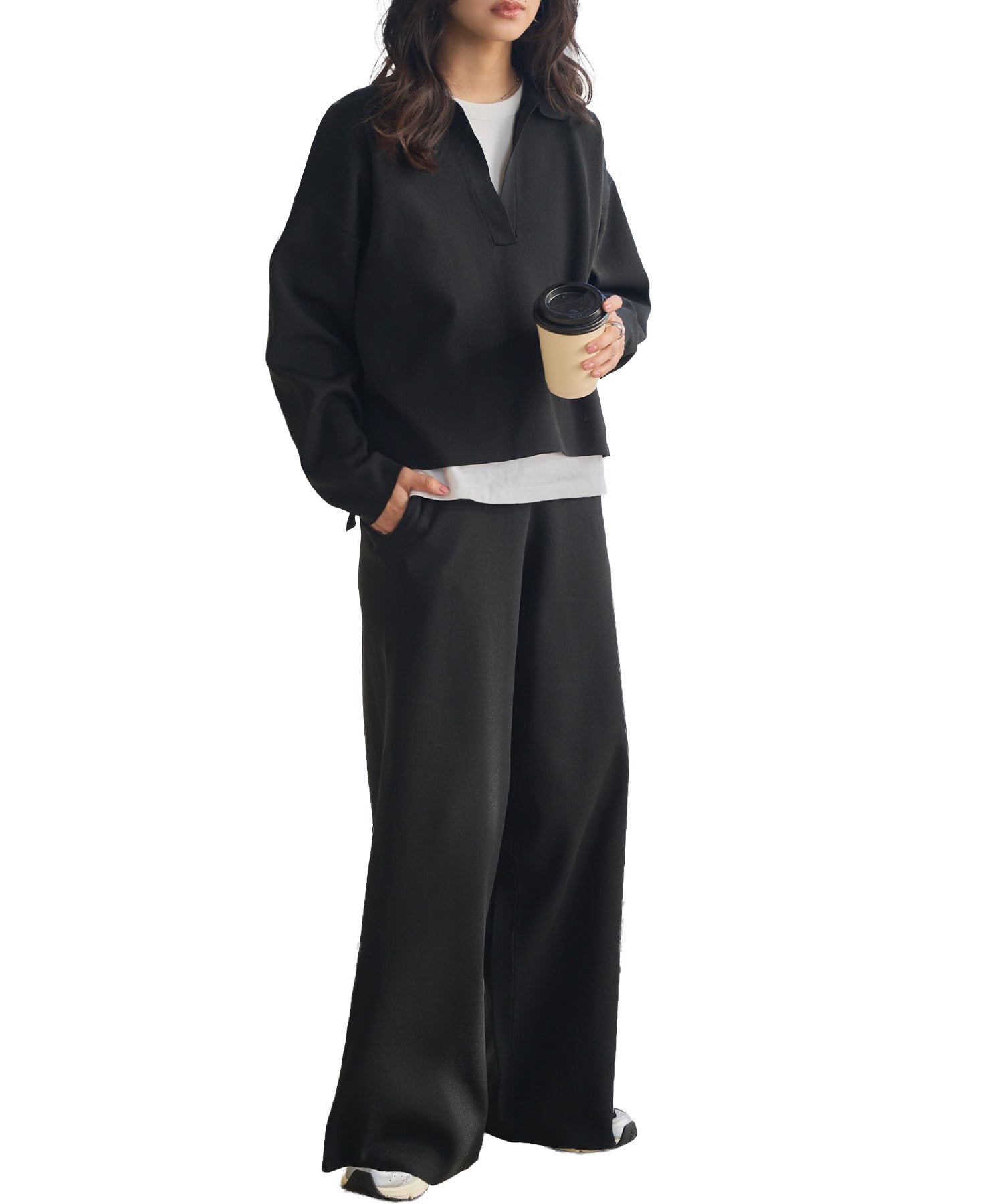 

Kobe Lettuce Knit Top and Pants Spondish Knit Skipper Casual Airport Comfortable Skipper Top M Black Women s Wide-leg Set, Top, Fall/Winter Outfit, чорний