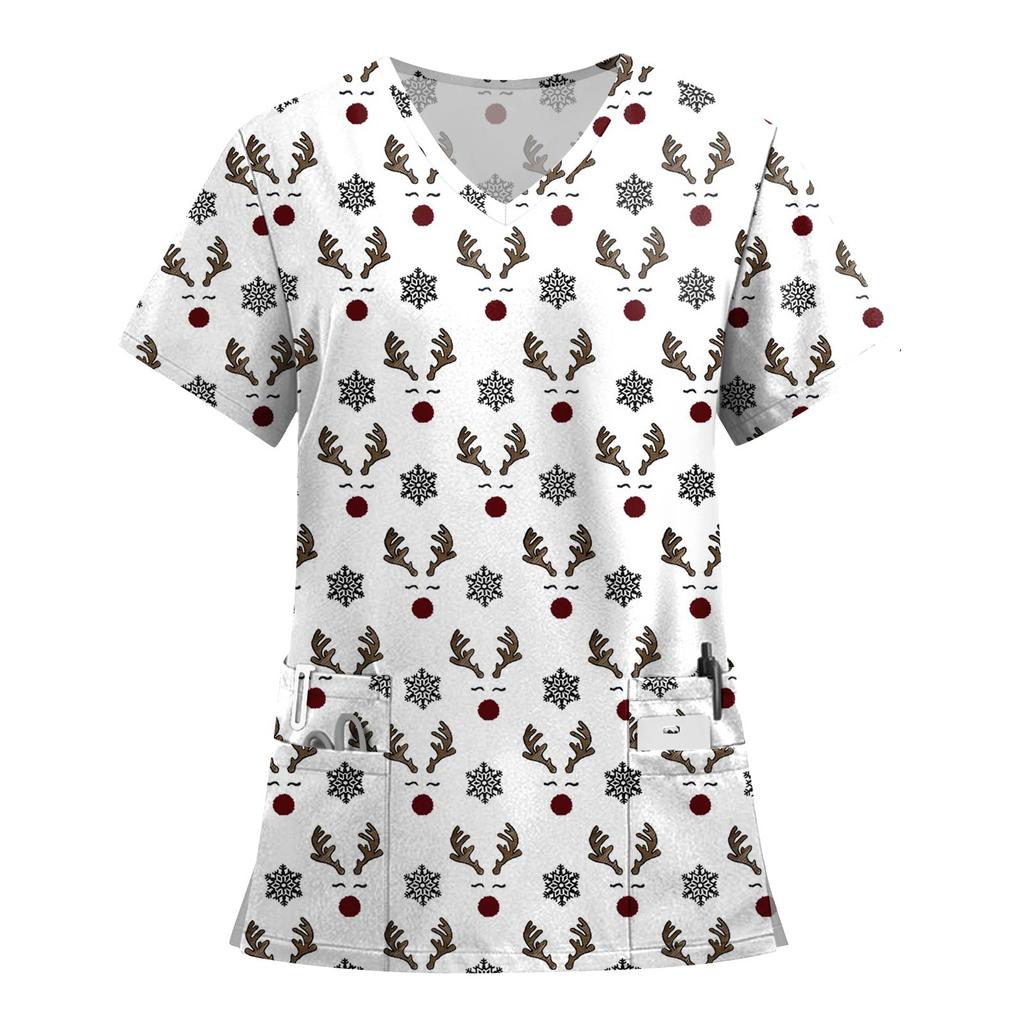 Women's Fashion Printed Short Sleeve V Neck Pattern Tops Pocket Working T-shirts