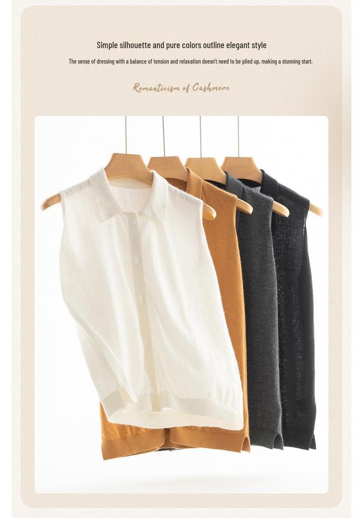 Women's 100% Cashmere Polo Collar Sleeveless Top – Autumn/Winter High-Quality, Solid Color Base Layer Vest for Commuting.