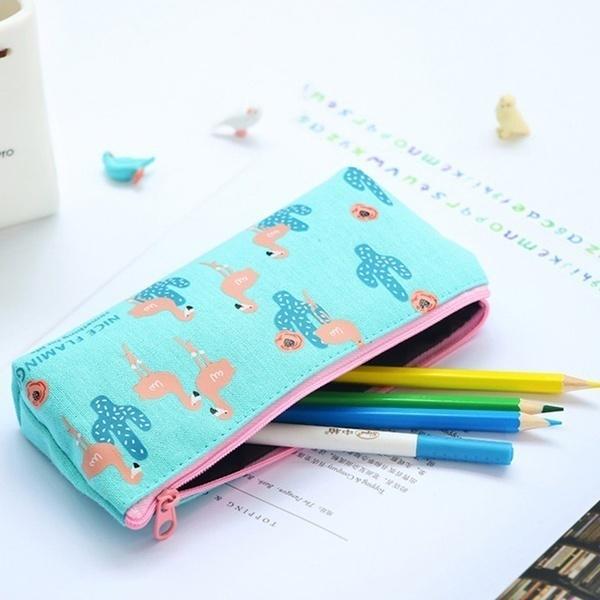 Federmäppchen mit Flamingos, Canvas, Schulbedarf, Schreibwaren, Geschenk, süße Bleistiftbox, Tasche