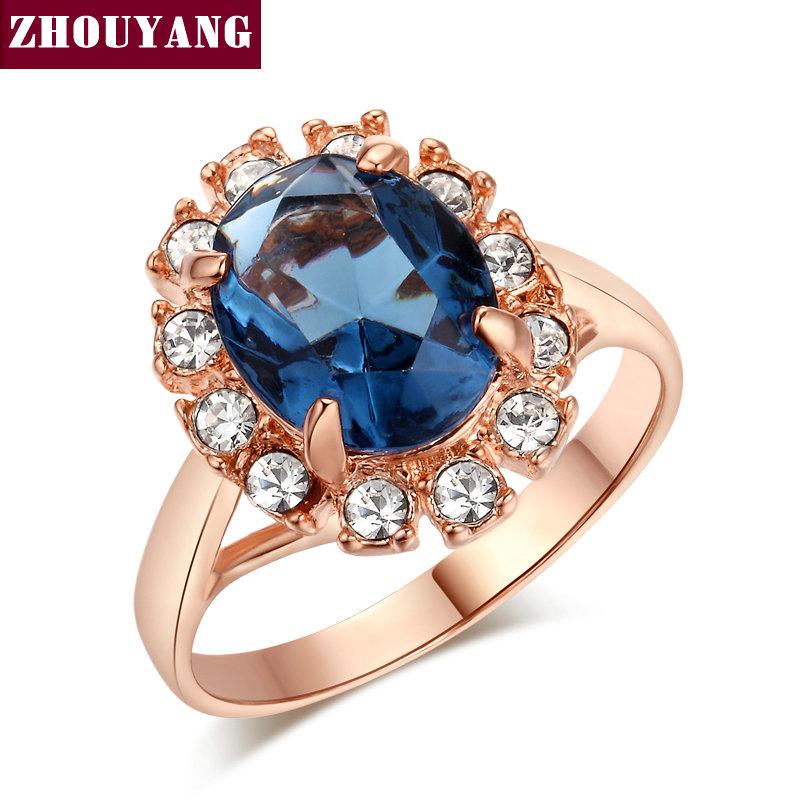 

ZHOUYANG Blue Crystal Rings For Women Retro Korean Rose Gold Color Wedding Bride Jewelry Wholesale Girlfriend Gift R189 5.5 синий