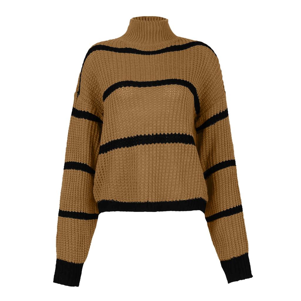 Women's Casual Striped Long Sleeved Half Turtleneck Sweater