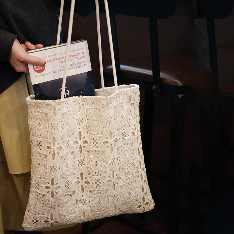 Hollow Out Embroidery Lace Shoulder Bag Flower Design Large Capacity Sequin Tote Bag Lightweight Women's Shopper Handbag CLE