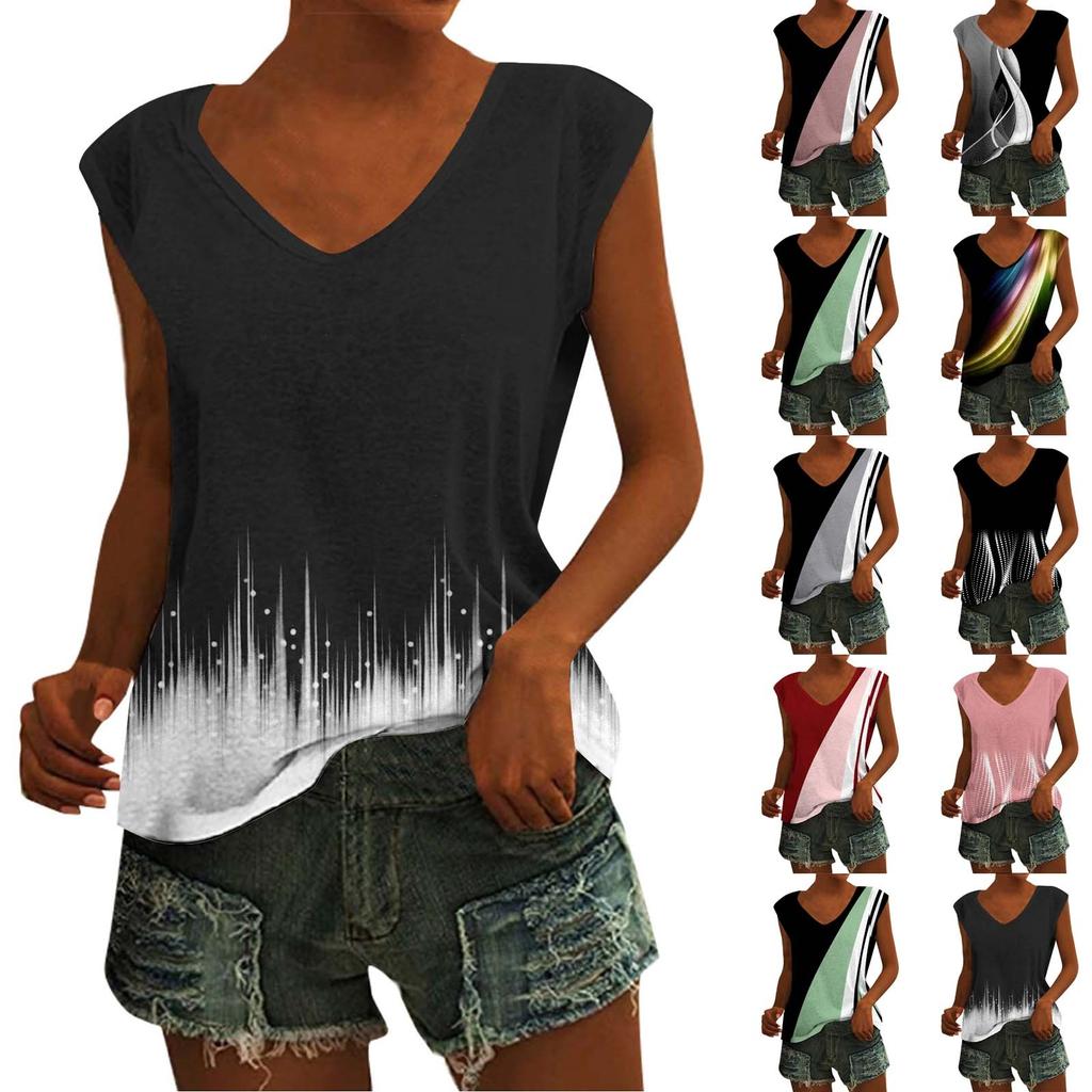 Women's Casual Top V-neck Print Loose Pullover Short Sleeve T-shirt