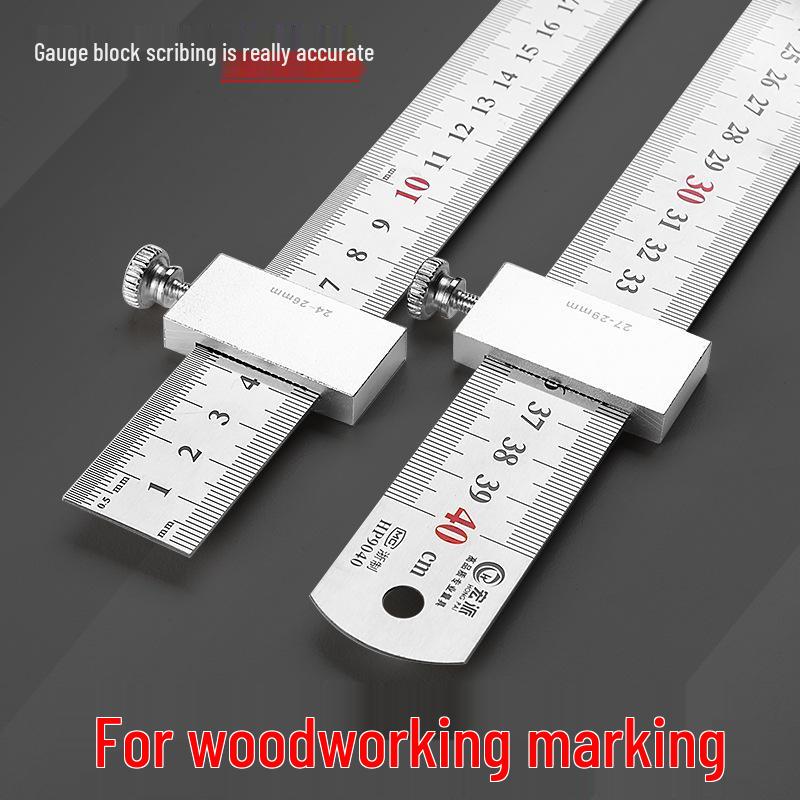 Exclusive Stainless Steel Straight Ruler with Positioning Block and Scribing Limiter - 15/20/30/40cm for Woodworking