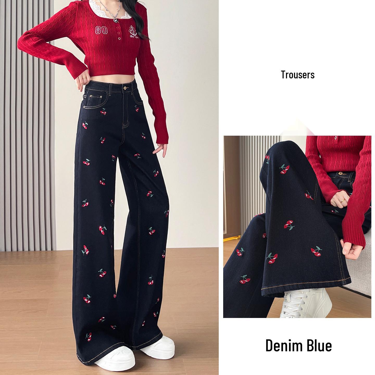 

Women s Cherry Embroidery Straight-Leg Jeans, Autumn 2026: Loose, Stretch, Slimming, Retro Floor-Length Style L (111-121 lbs)