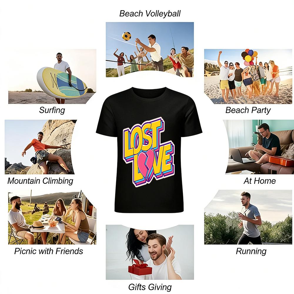 Retro Color Block Lost Love Broken Heart Print T-Shirt Trendy Casual Top For Men And Women Pure Cotton T-shirt