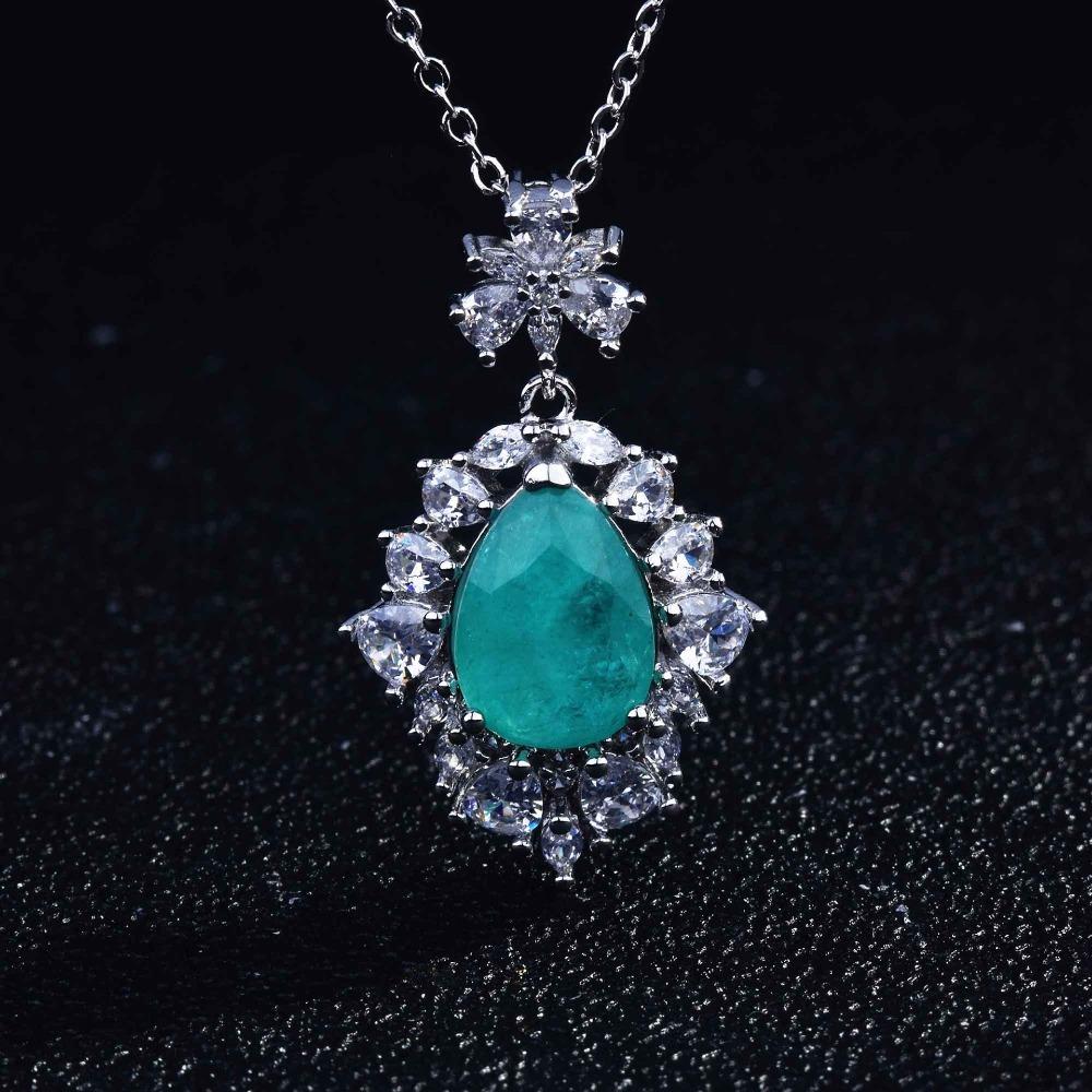 

Paraiba Color Gemstone Pendant Necklace Micro Paved Diamond Teardrop Clover Flower Necklace for Women