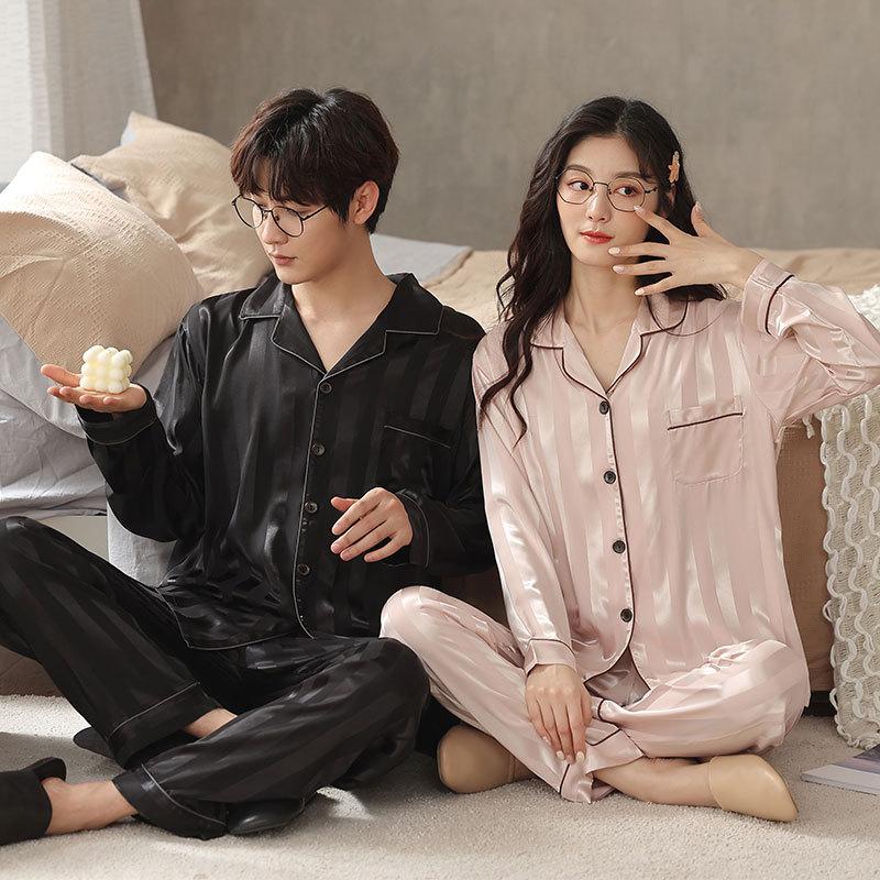 Striped Couple Pajamas Women'S Spring And Autumn Ice Silk Long-Sleeved High-End Silk Men'S Loungewear Suit
