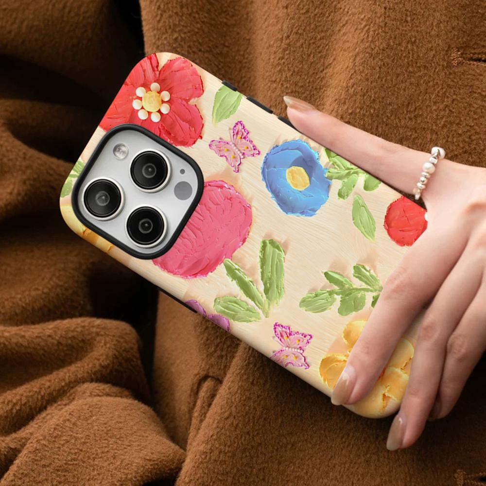 Retro Oil Painting Flowers Phone Case For IPhone 16 15 14 13 12 11 Pro Max Plus Samsung S24 S23 Ultra Glossy HD Hard PC Cover