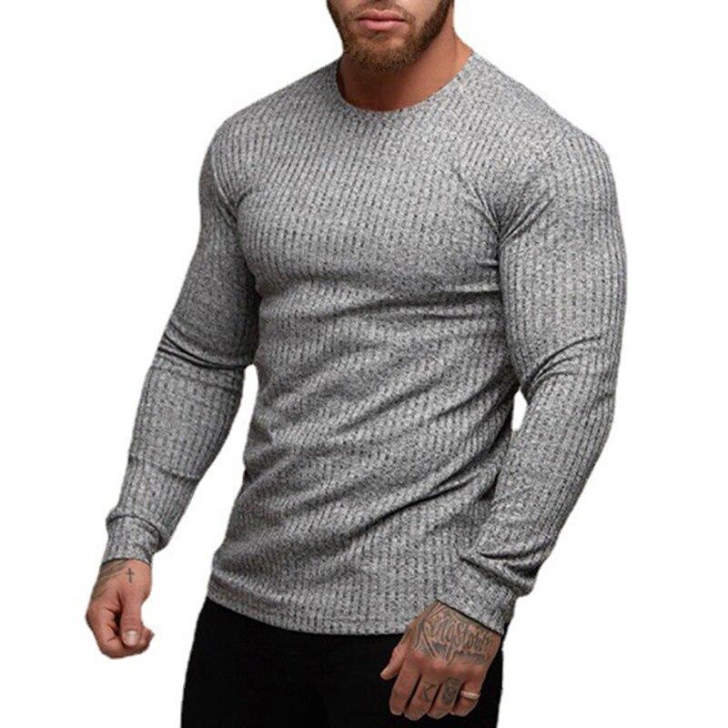 Muscleguys Fashion Autumn Plain Colour Long Sleeved Men's Round Neck Thin Knit Shirt Casual Fitness Clothes