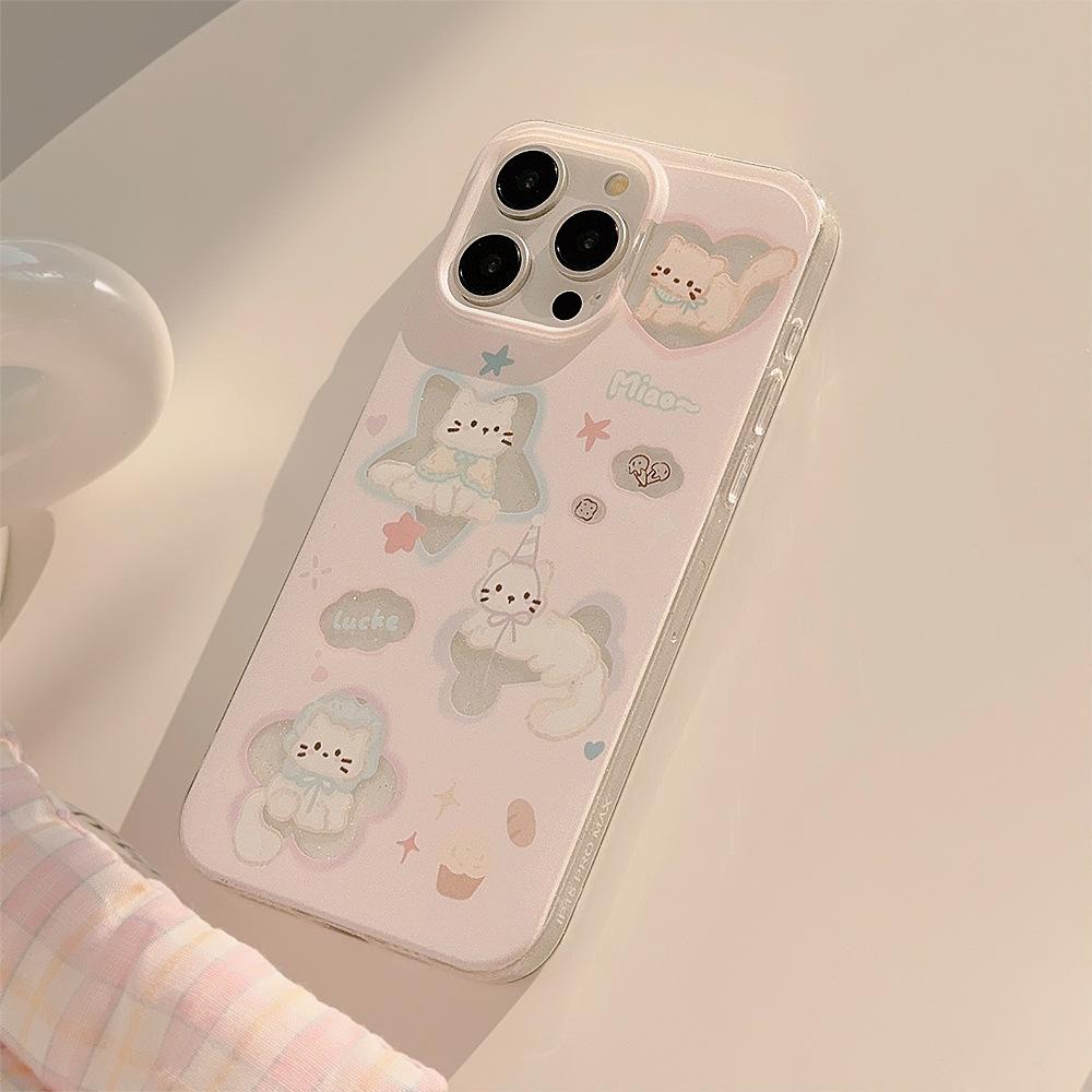 Cute Cartoon Cat Phone Case for iPhone 17 16 15 14 13 Pro Max, Kawaii Kitten Shockproof Cover, Aesthetic Pink Protective Case for Girls