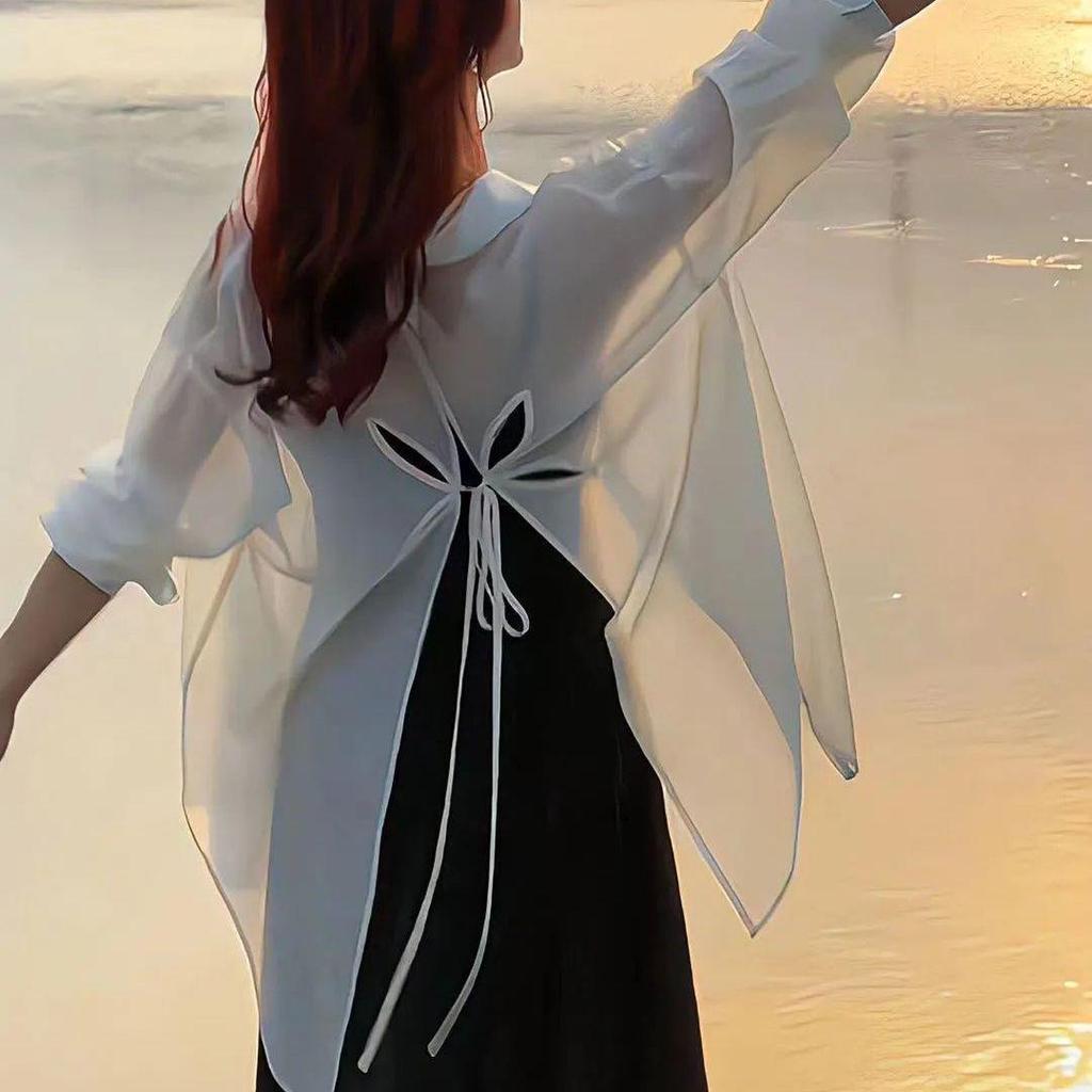 Korean Style Women's Long Sleeve Cutout Lace-Up Casual Shirt