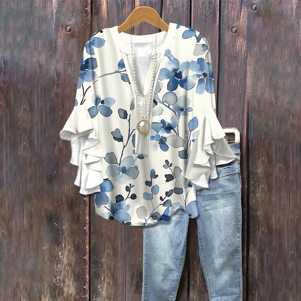 Summer Tops For Women Cute V Neck 3/4 Sleeve Blouses Floral Print Top Casual Shirts