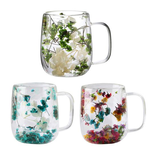 Double-Wall Dried Flower Glass Mug with Handle 350ml Borosilicate Glass Coffee Cup for Hot Cold Drinks Heat-Resistant Clear Unique Gift for