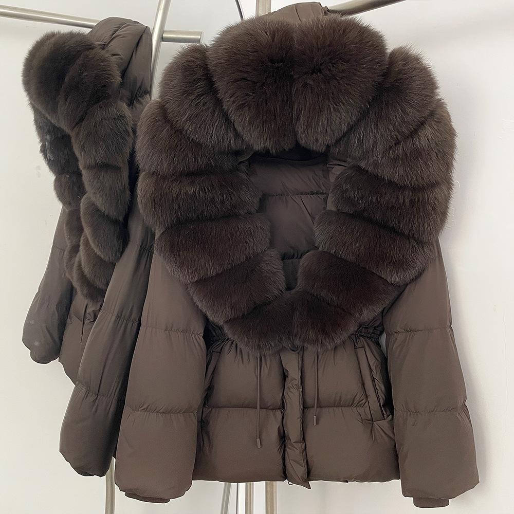 Removable oversized fox fur collar women's short down jacket women's winter new hooded waist and thin fur jacket