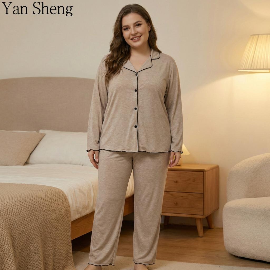 Set Pigiama da Donna Taglie Forti, Completo a 2 Pezzi a Manica Lunga con Bottoni, Cotone Lavorato a Maglia Colorato, Morbido Loungewear per Primavera Autunno, Abbigliamento per la Casa