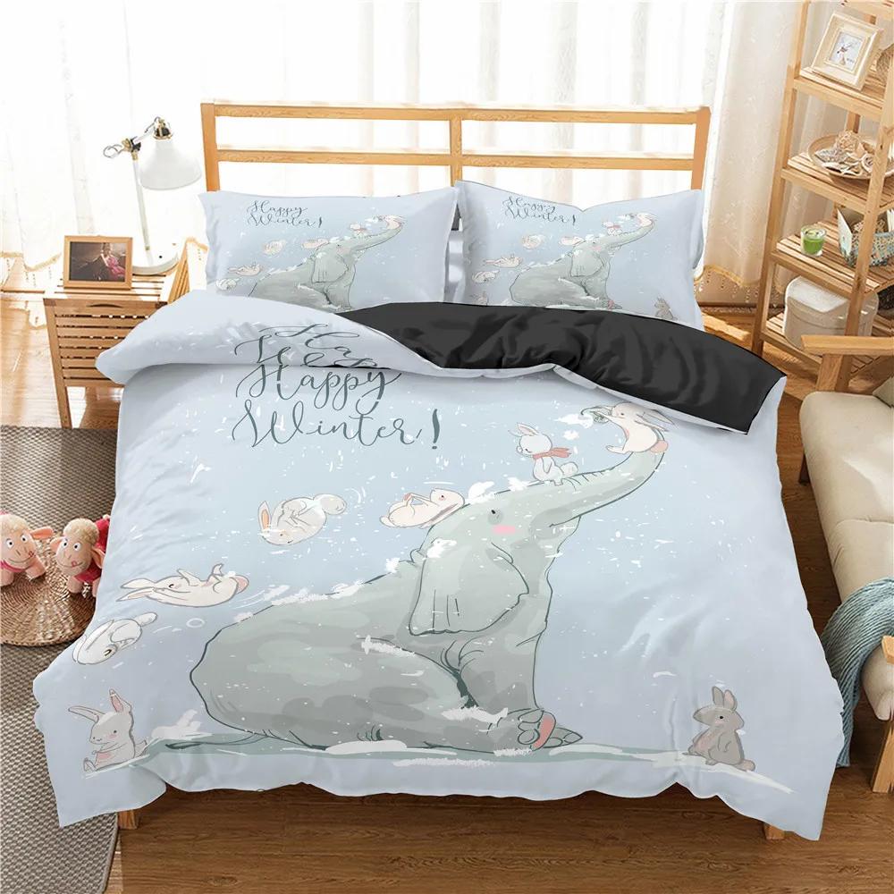 Kids Elephant Bedding Set King/Queen Size Cartoon Cute Animal Duvet Cover for Girls Boys Lovely Wildlife Polyester Quilt Cover