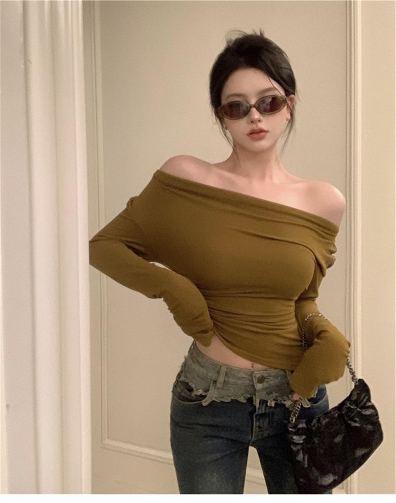 Spring/Autumn Asymmetrical One-Shoulder Long Sleeve Slim T-Shirt