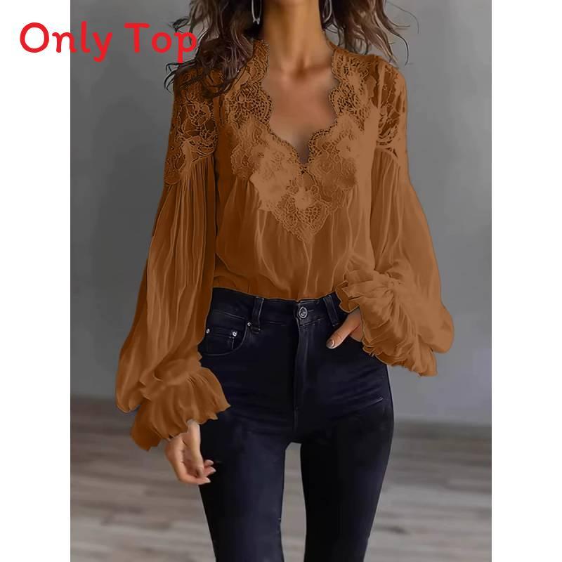 Elegante Spitzen-Patch-Bluse mit Puffärmeln und Falten-Design für Büro und Freizeit