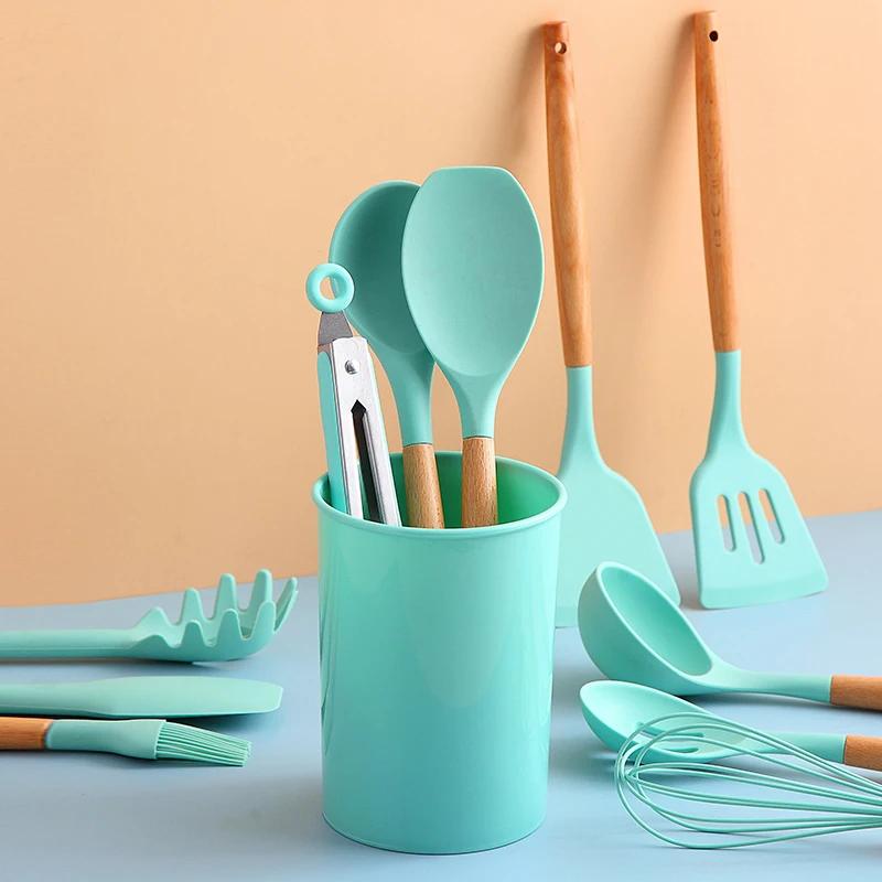 12Pcs Silicone Cooking Sets Spatula Shovel Soup Spoon Tongs Turner Cookware Wooden Handle Heat-Resistant Baking Utensils Set