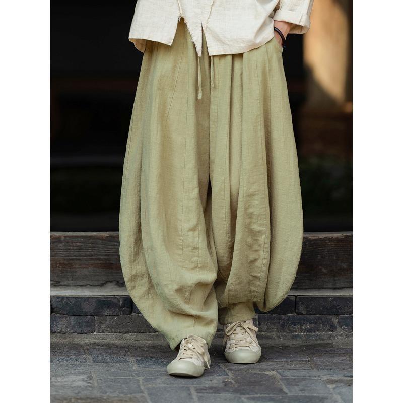 Spring Cotton and Linen Women's Literature and Art Retro Loose Sand Wash Stitching Pumpkin Pants Women's Niche Zen Meditation Bloomers