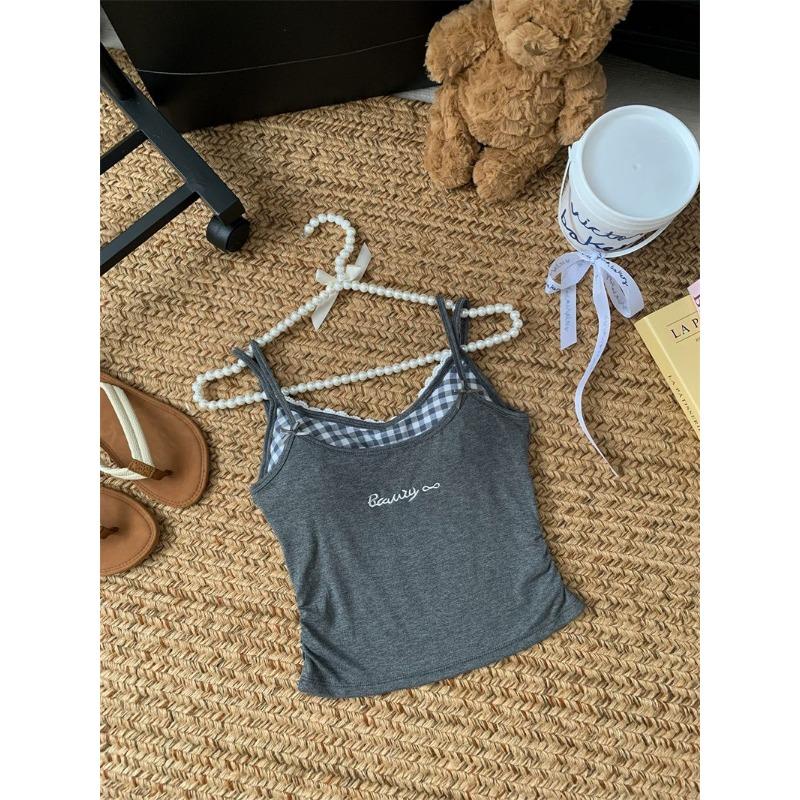 Damen Süßes Karomuster Patchwork Doppelträger Spitzenbesatz Crop Cami