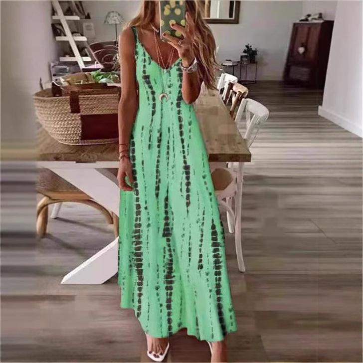 Summer European and American new suspender dress wish tie-dye printing big pendulum long dress casual dress