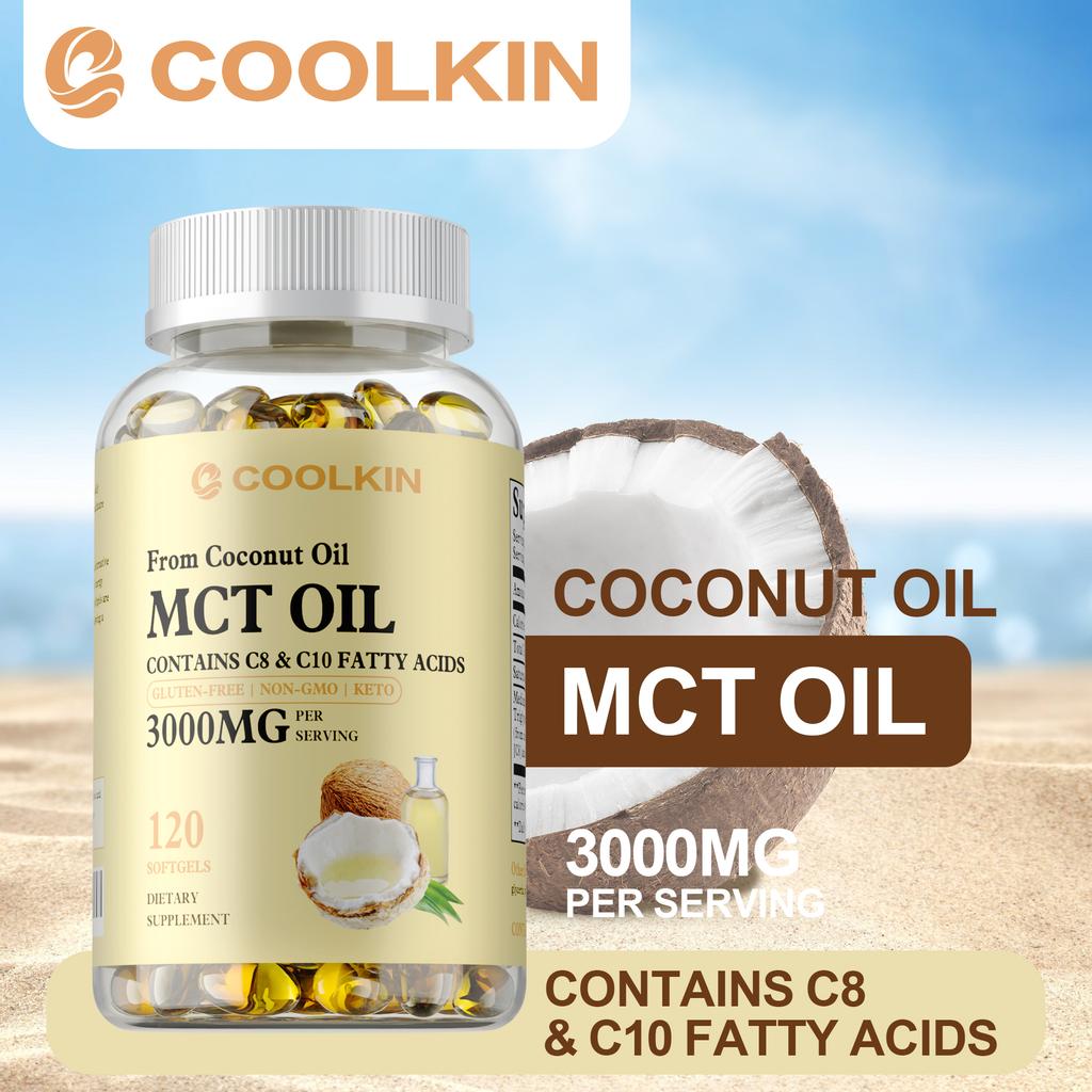 Coolkin Capsule di Olio MCT Puro, 3000 mg per porzione, carburante per il cervello, aumenta l'energia e aiuta nella gestione del peso.