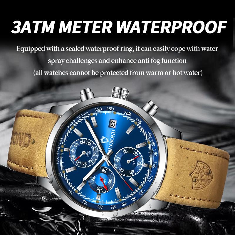 Luxury Brand New Fashion Men's Watches Real leather Strap Waterproof Sport Quartz Chronograph Military Watch Men Clock