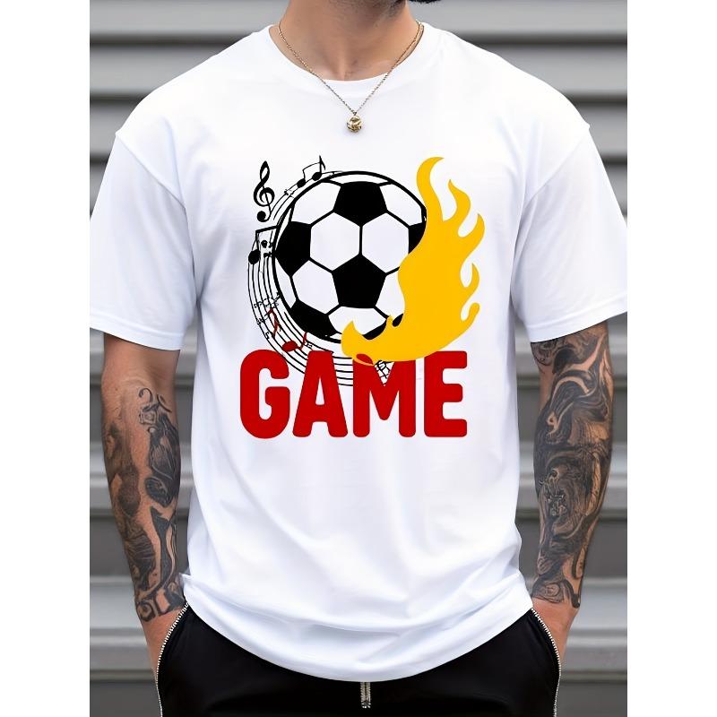 European Size Men S & Women S Soccer Ball And Flame Graphic GAME Print T-Shirt, Soft, All Season Casual Streetwear Essential, All-Match All Season S белый