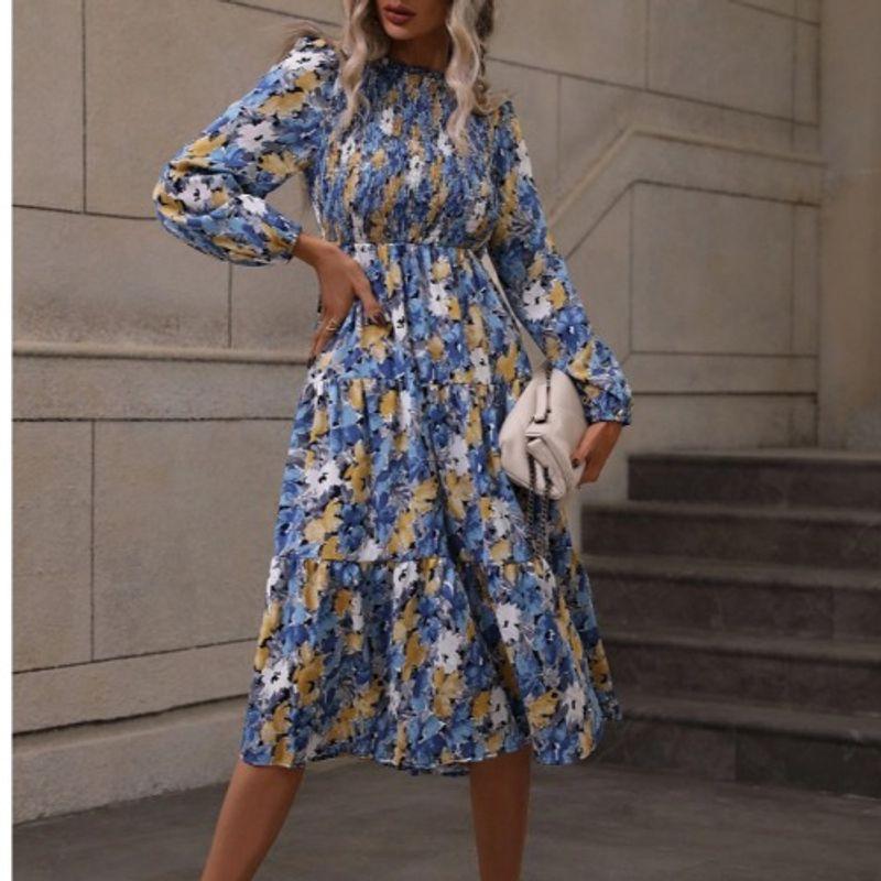 

European and American-Style Slim-Fit Elastic High-Waist Dress Blue XL