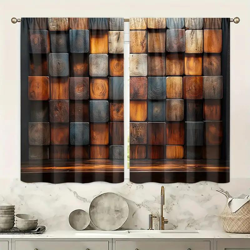 2 Stück mehrtexturierte Block-Patchwork-Druckvorhänge   Stangentaschenvorhänge   Heimdekoration   Raumdekoration