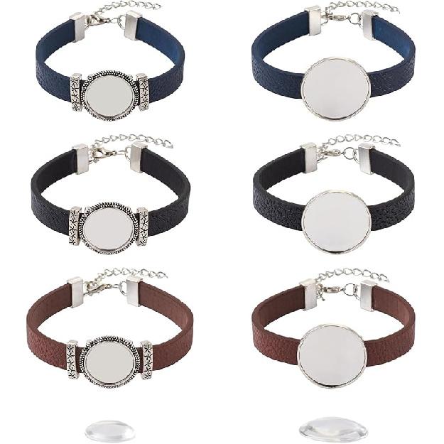 

14 шт. Браслет из ПУ-кожи с безелем, заготовка для лотка, основа для браслета, 26,5 мм, регулируемый круглый лоток, наборы для браслетов со стеклянными кабошонами для DIY 6 Pure Colors