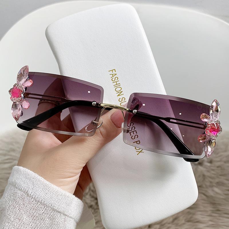 Rectangular Small Frame Diamond-inlaid Sunglasses Women's Small Face Round Face Sun Protection Sunglasses Trendy