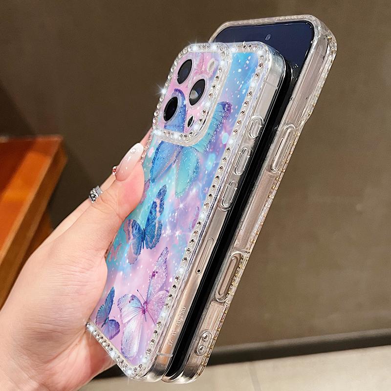Diamond Case For iPhone 17 Pro Max Crystal Butterfly Print Clear TPU Silicone Soft Cover For iPhone 16 Pro Max 15 14 13 11
