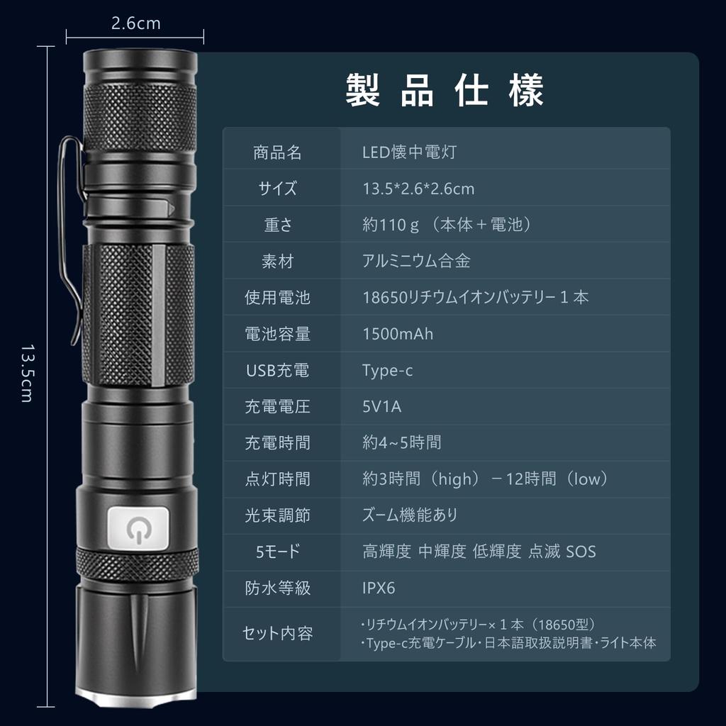 Wataku Ryohin LED Powerful 1200 Lumens with Extendable USB 1500mAh Aluminum Alloy Handy Flashlight with 5 Light for Disaster Power and Work 1 1500mAh