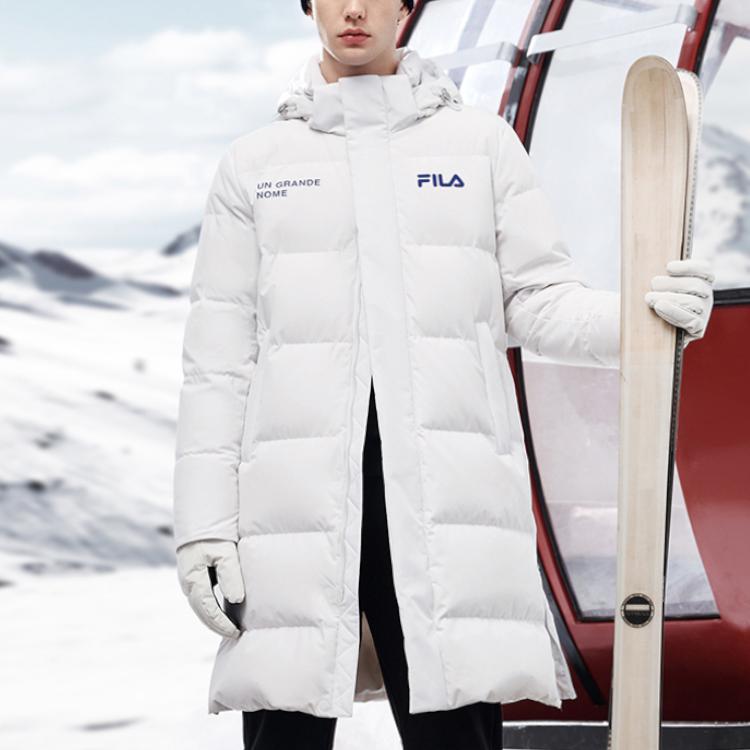 Fila Letter Logo Printed Hooded Zipper Windproof Warm Long Down Jacket Men Outerwear Cold-Stone-White F11M249921FWT