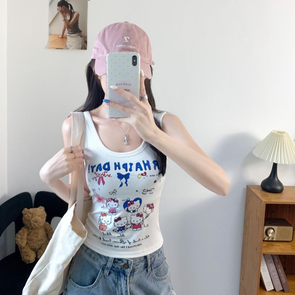 #Summer new sweet wind cartoon print splicing round neck vest female slim fixed with chest pad top