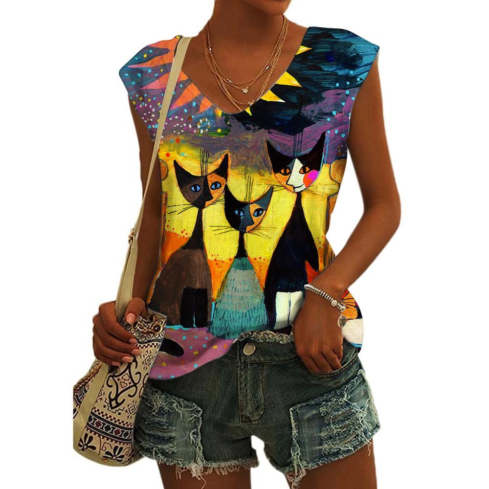 Women's Sleeveless T-shirts 3d Abstract Cat Print Vest Loose V-Neck T-shirts & Blouse Summer Breathable Basic Tops Tees