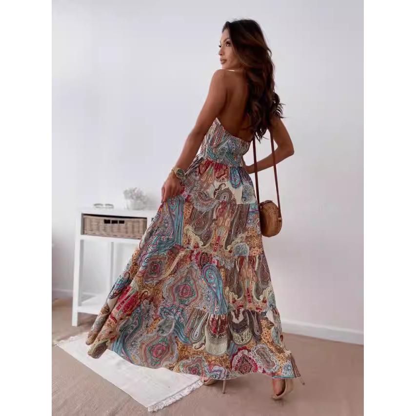 Summer Beach Dress Sexy Bohemian-style Printed Backless Suspender Long Dress for Women