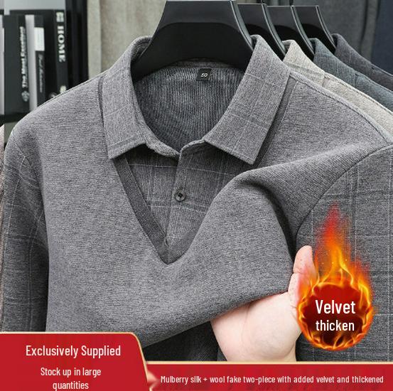 Men s Autumn/Winter Thickened Loose Sable Lapel Faux Two-Piece Velvet Sweater for Middle-Aged and Elderly 3XL