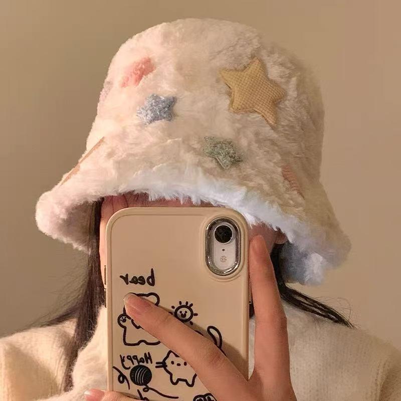 Cute star plush bucket hat women's autumn and winter new thickened plush cute versatile ear protectors keep warm and show a small face