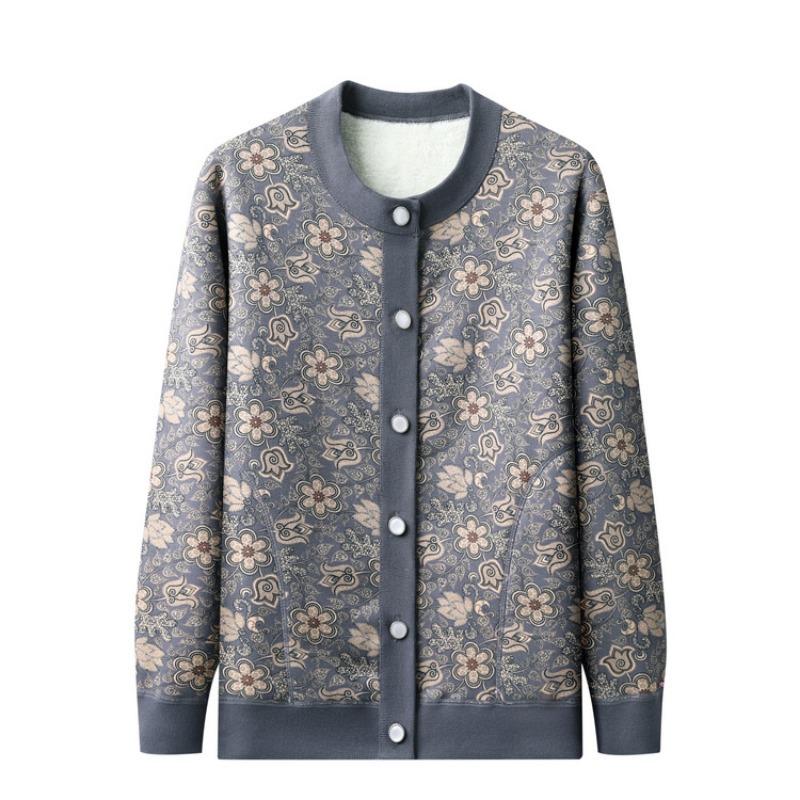 Middle-aged Autumn New Velvet Knitted Sweater Jacket Female Grandma Thickened Top Year-old 0 Crew Neck Cardigan Sweater