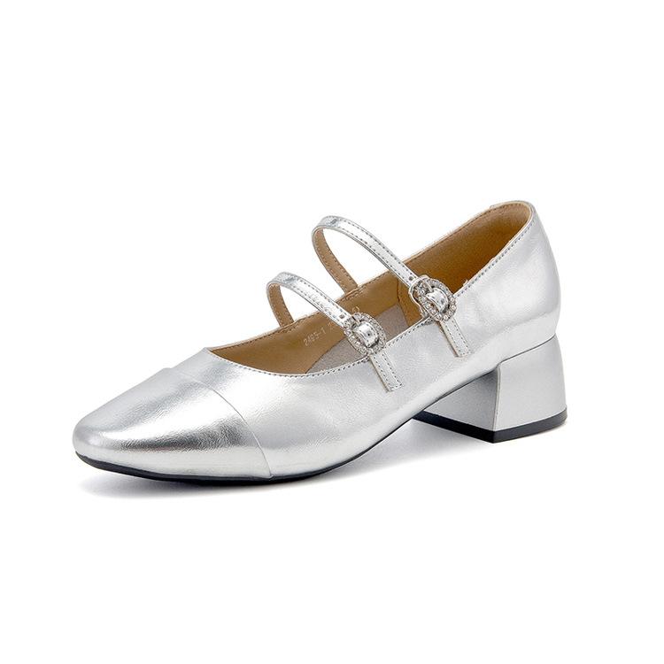 

Sheepskin Mary Jane shoes women s spring and summer new women s shoes versatile thick heel with skirt temperament leather single shoes women 39 серебряный